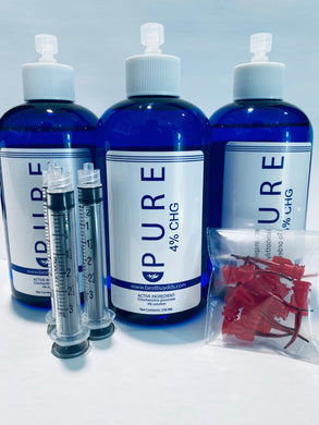 Pure 4% CHG Bottles - 1/2 Case (6-236ml/8oz) - 100 3cc Applicators and 20 Inspiral Brush Tips Included!