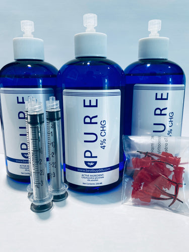 1/2 Case of Pure 4% CHG Bottles (6-236ml/8oz) 100 3cc Syringes and 20 Inspiral Brush Tips Included! Included!